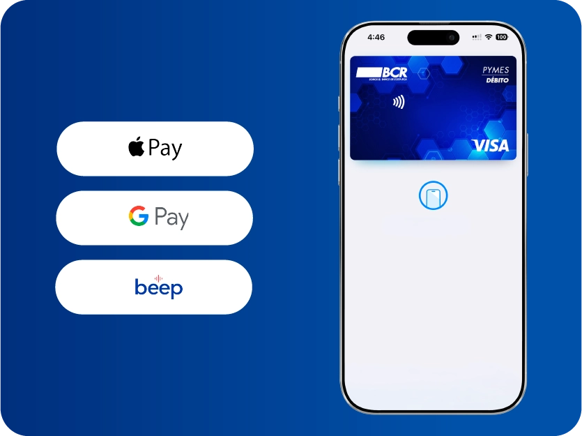 Se muestran las tres billeteras Apple Pay, Google Pay y beep del BCR, del lado derecho un telefono con su tarjeta pyme virtual.