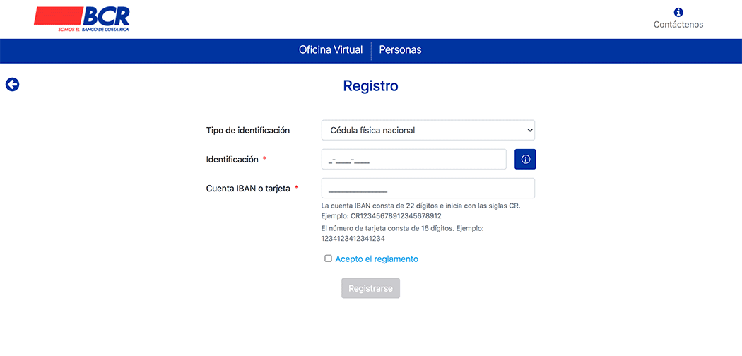 Opción de Registro. Complete los datos solicitados, acepte el reglamento y presione el botón "Registrarse"