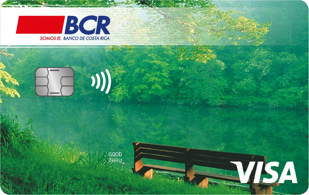 Tarjeta en colores verdes con una banca frente a un lago