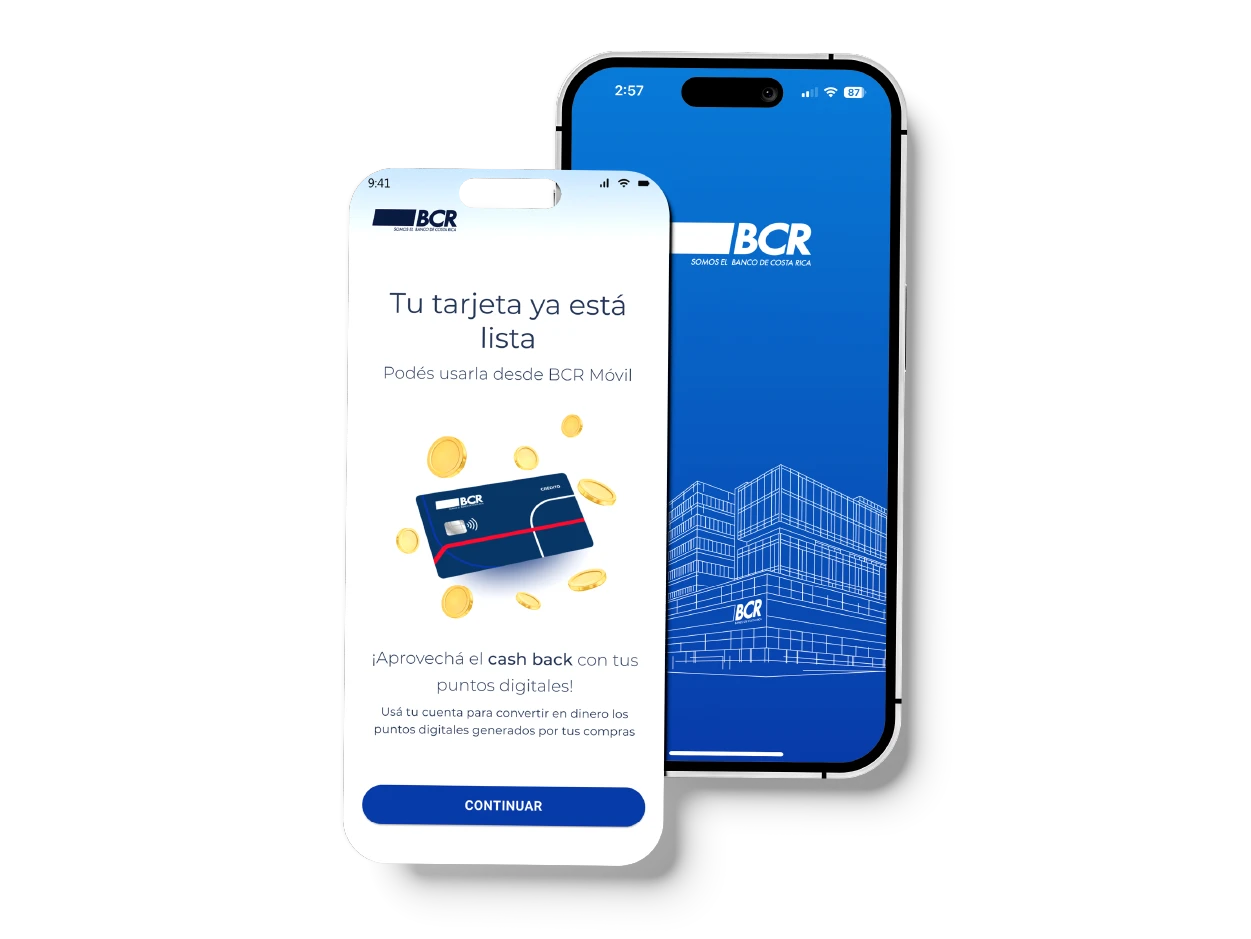 Celular con la interfaz de BCR indicando que la tarjeta de crédito digital está lista, acompañado de una tarjeta bancaria, representando solicitud rápida desde el móvil.