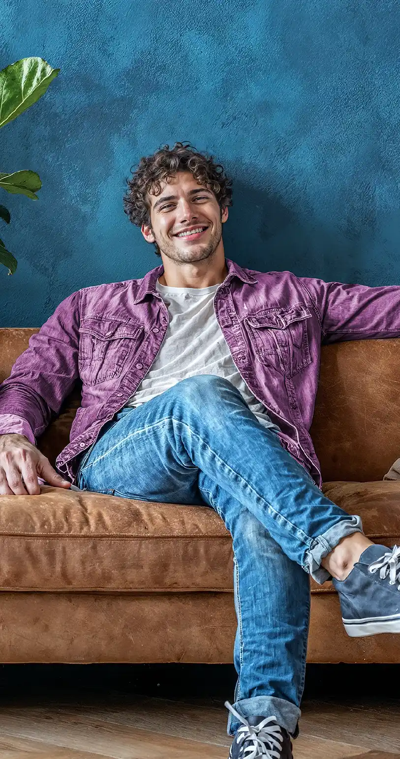 Hombre feliz sentado en su sofa