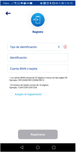 Imagen de la App BCR Móvil mostrando el registro Imagen de la App BCR Móvil mostrando el registro