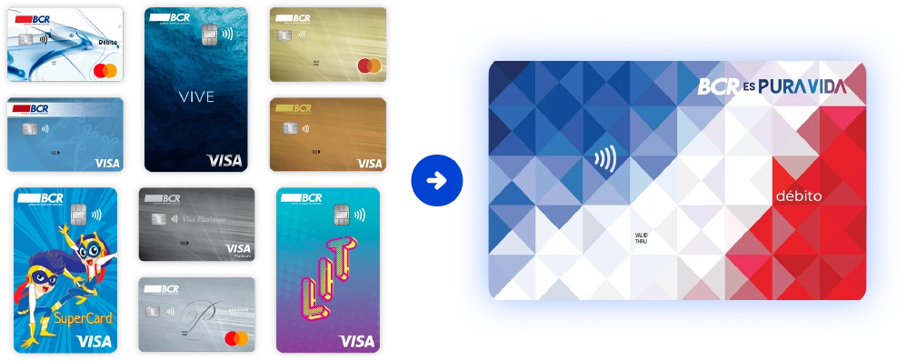 Evolución de las tarjetas del BCR: varios diseños anteriores convergen en una nueva tarjeta de débito con diseño geométrico azul, blanco y rojo.
