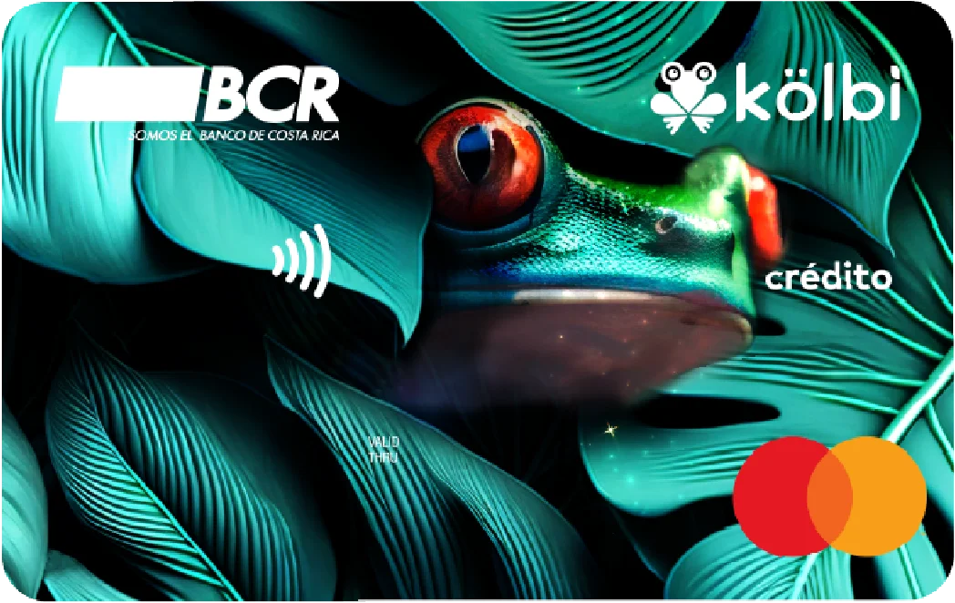 Tarjeta Kolbi ilustrada con una rana verde con ojos rojos