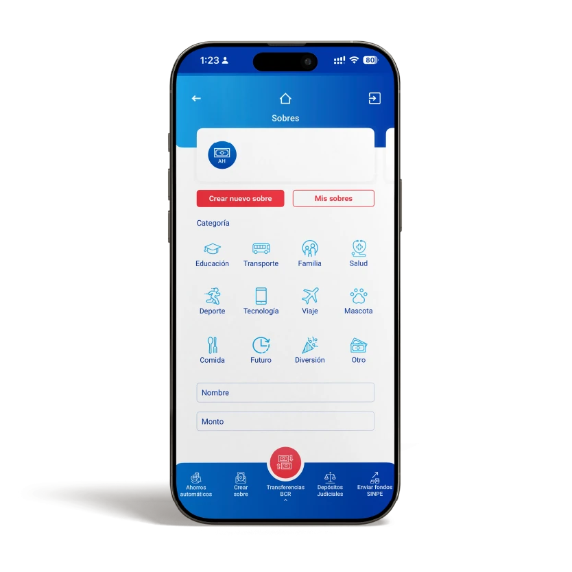Teléfono mostrando sobres electrónicos en el app BCR Móvil