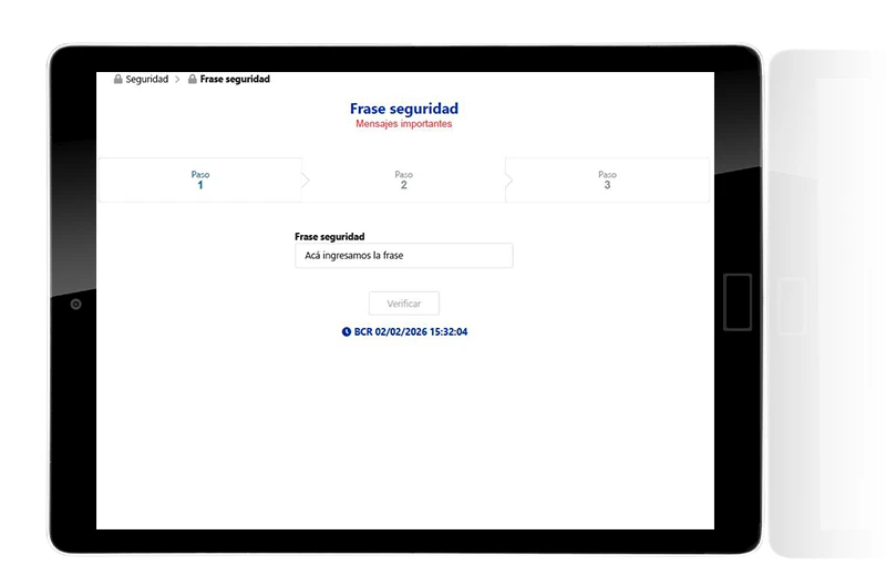 Pantalla de Oficina Virtual BCR en tablet mostrando el proceso de verificación de frase de seguridad