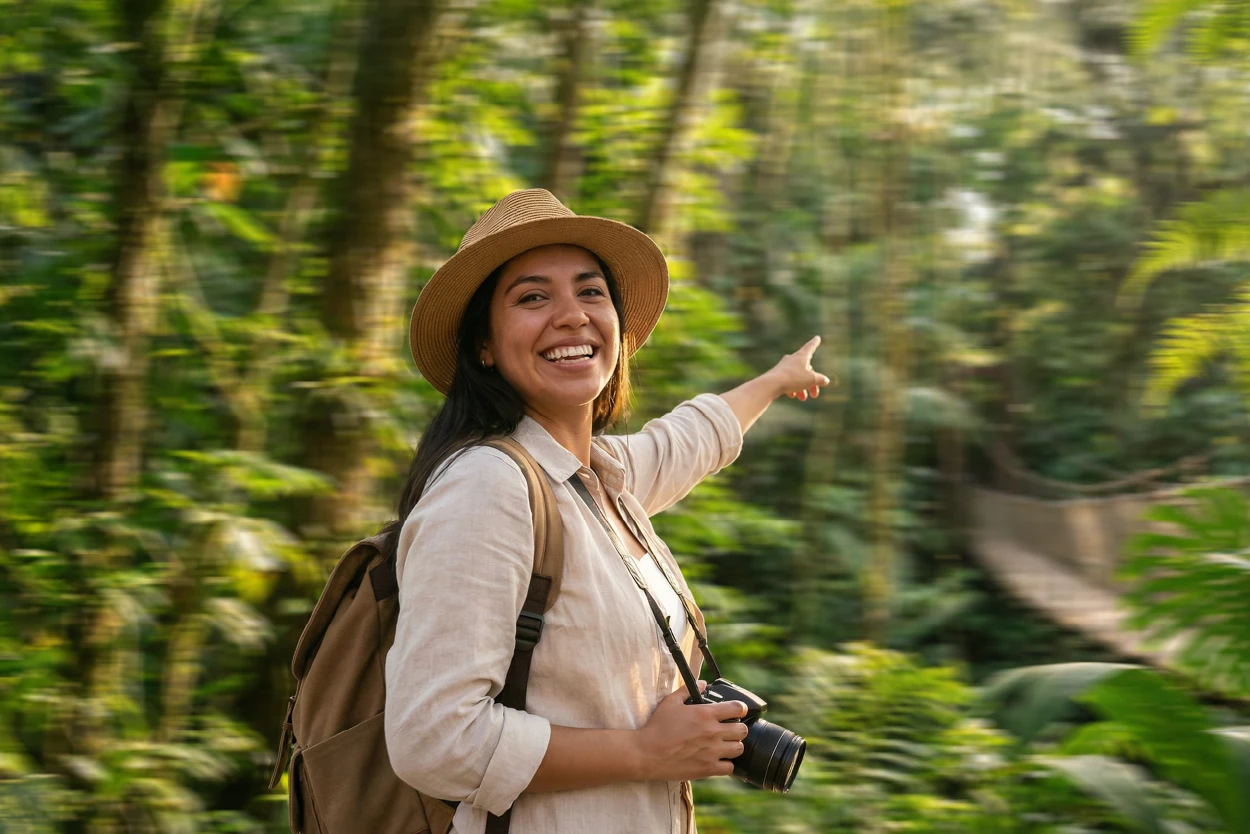 Mujer alegre con camara en el bosque 