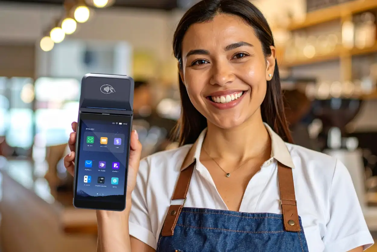 mujer sosteniendo datáfono