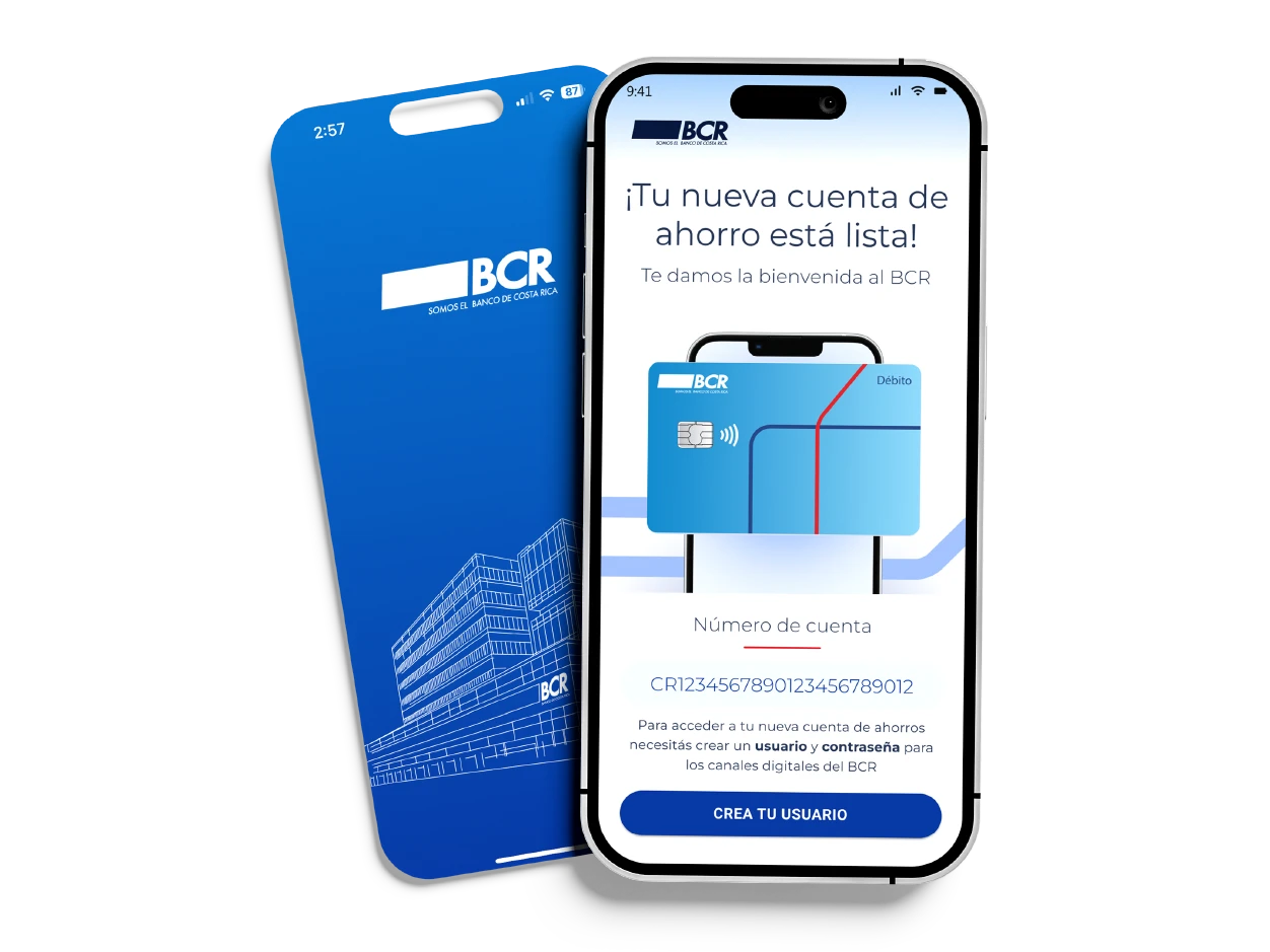 Celular con la interfaz de BCR indicando que la cuenta de ahorro está lista, acompañado de una tarjeta bancaria, representando apertura rápida desde el móvil.