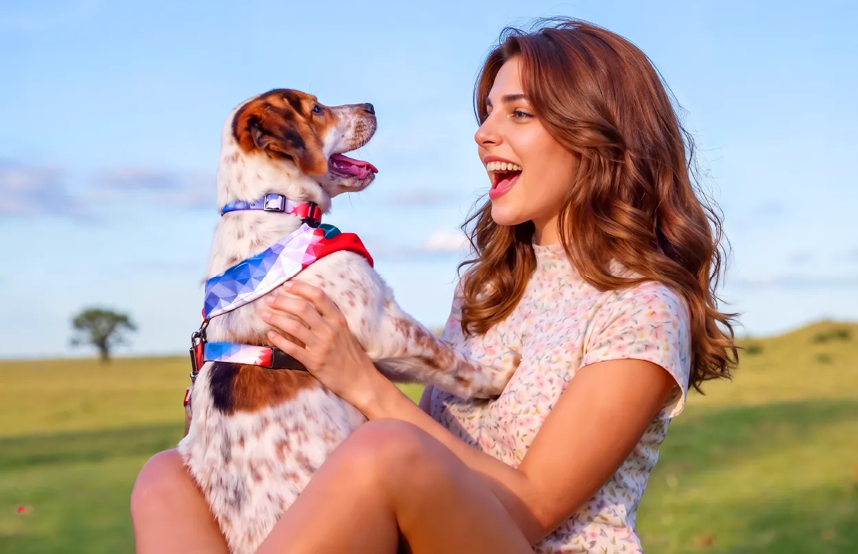 mujer sosteniendo un perro 